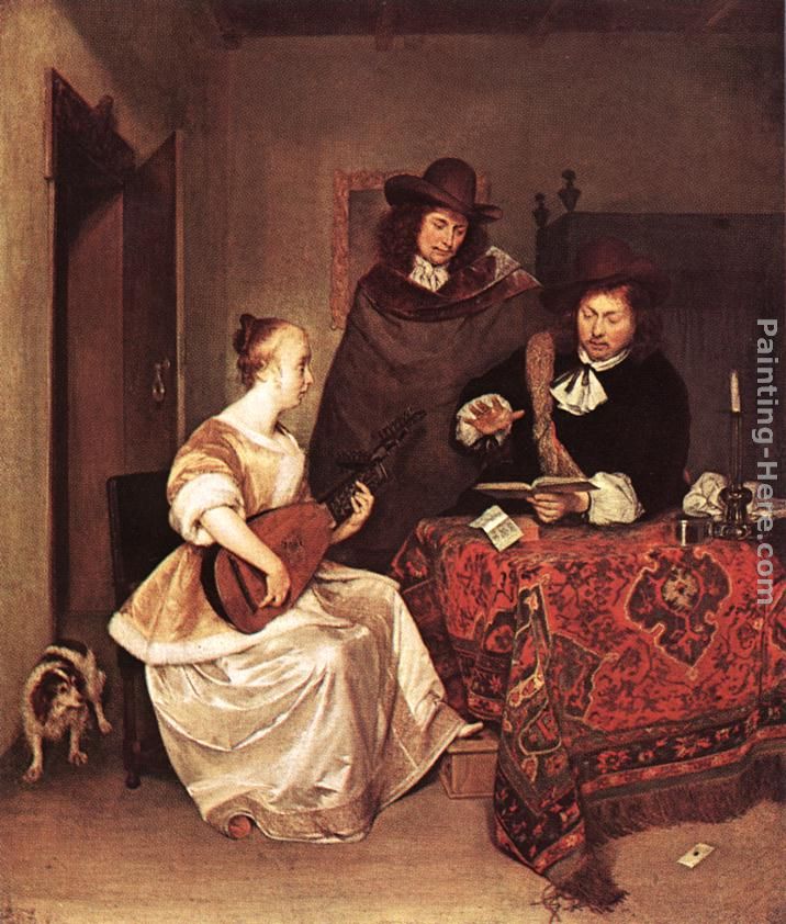 A Young Woman Playing a Theorbo to Two Men painting - Gerard ter Borch A Young Woman Playing a Theorbo to Two Men art painting